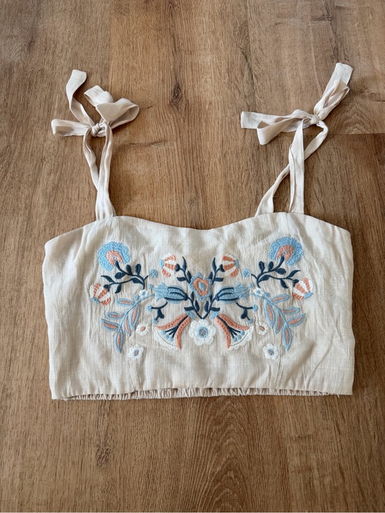 Dee Elly Tops - Embroidered Tie-Strap Crop Top in Cream with Blue & Peach Accents